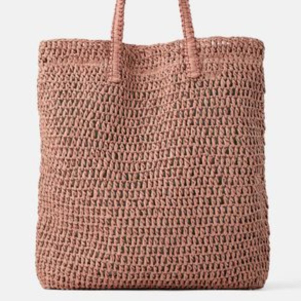 NWT Rare Zara Woven BRAID Paper Tote Summer Bag Pale Pink - Picture 8 of 13